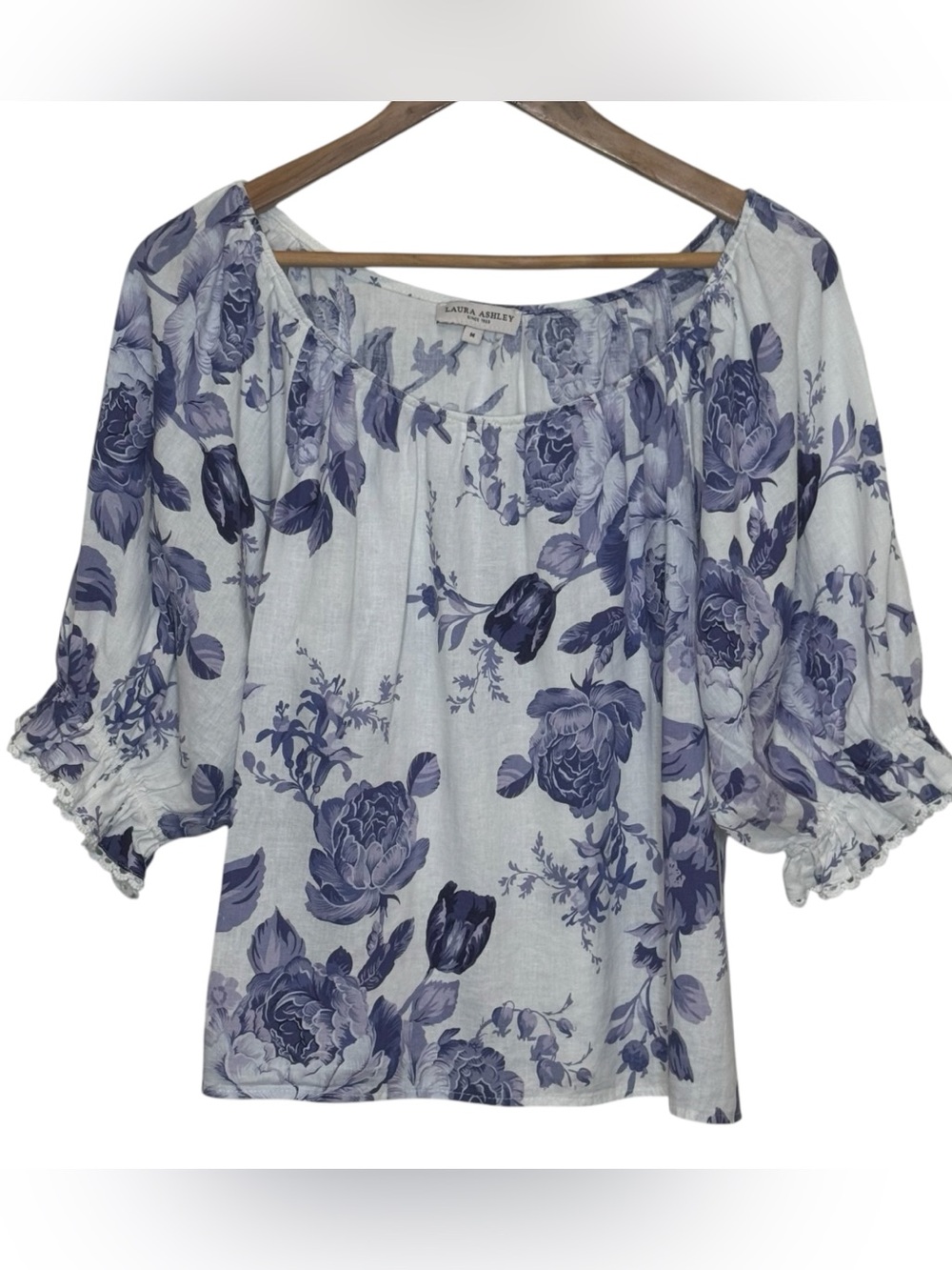 Laura Ashley Blue Floral Print Linen Blend Pouf Romantic Cottagecore Blouse